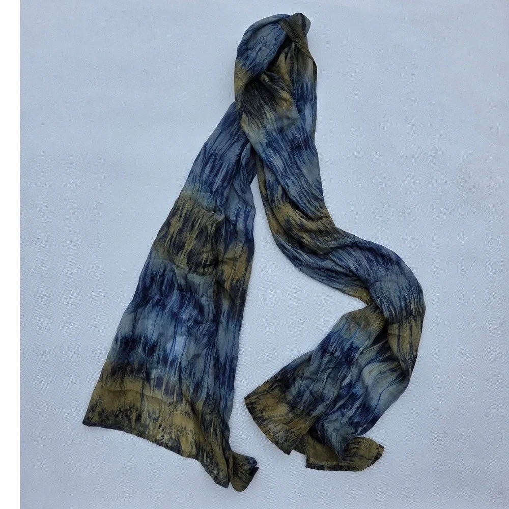 Blue Gold Abstract Tie Dye 100% Silk Scarf Long Sheer Made in India 21x72